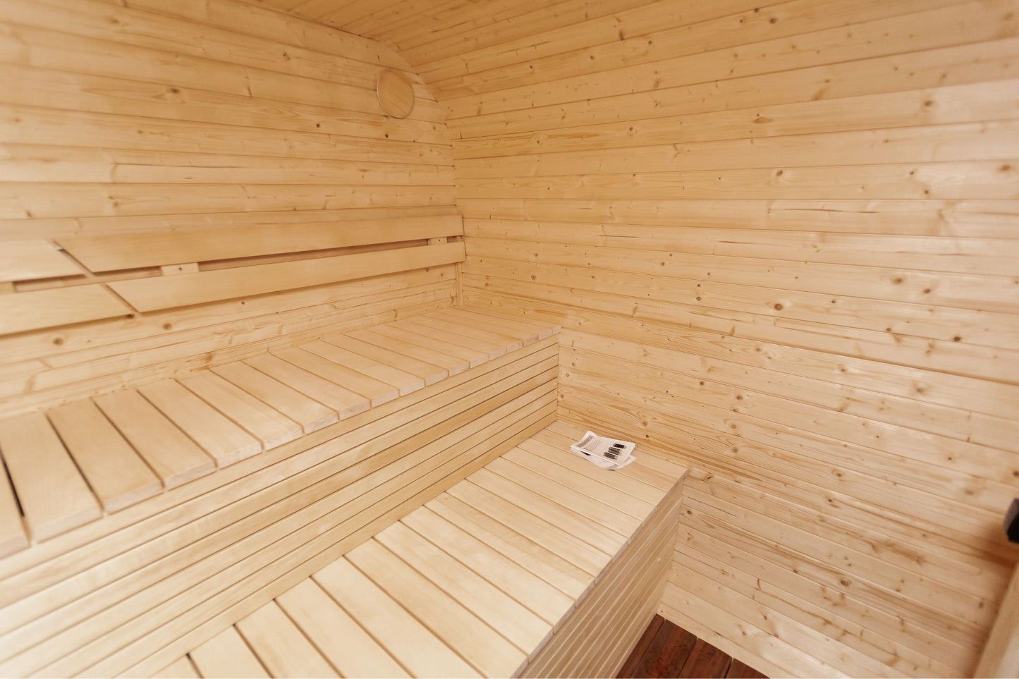 Komplett ausgestattete Premium-LUX-MINI-Sauna 245×300 – aus Fichtenholz, mit Holzofen – sofort einsatzbereit