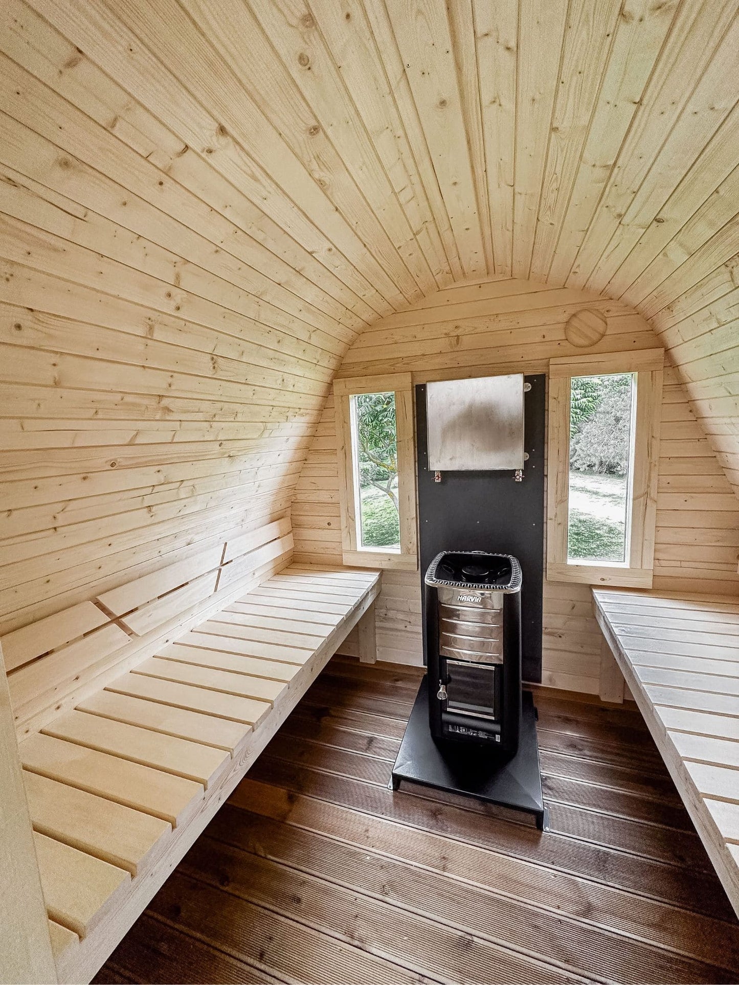 Komplett ausgestattete Premium-IGLU-Gartensauna 3,5 m mit Vorraum – aus Fichtenholz, mit Holzofen – sofort einsatzbereit