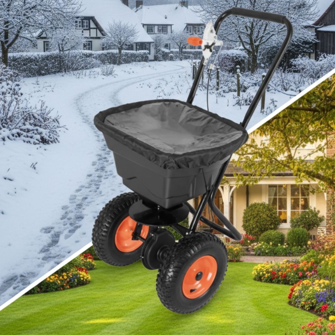 Handbetriebener Streuwagen – Salzstreuer MI‑30 mit 30 L Fassungsvermögen. Perfekt für Streusalz, Sand, Dünger oder Saatgut. Ideal für Winterdienst & Rasenpflege – robust, kompakt, zuverlässig.