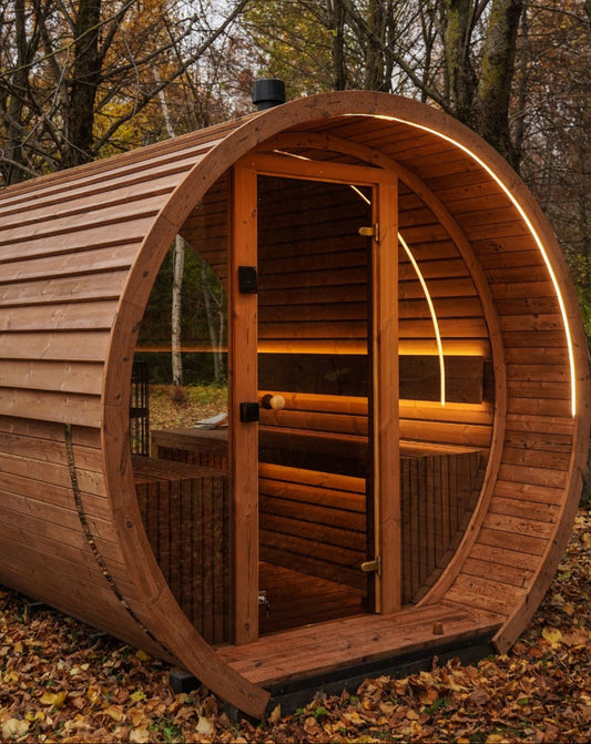 Komplett ausgestattete Premium-Gartensauna 2,6 m – aus Thermoholz, mit Holzofen – sofort einsatzbereit.