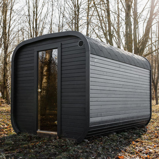 Komplett ausgestattete Premium-CUBE-Gartensauna 4 m mit Vorraum – aus Fichtenholz, mit Holzofen – sofort einsatzbereit