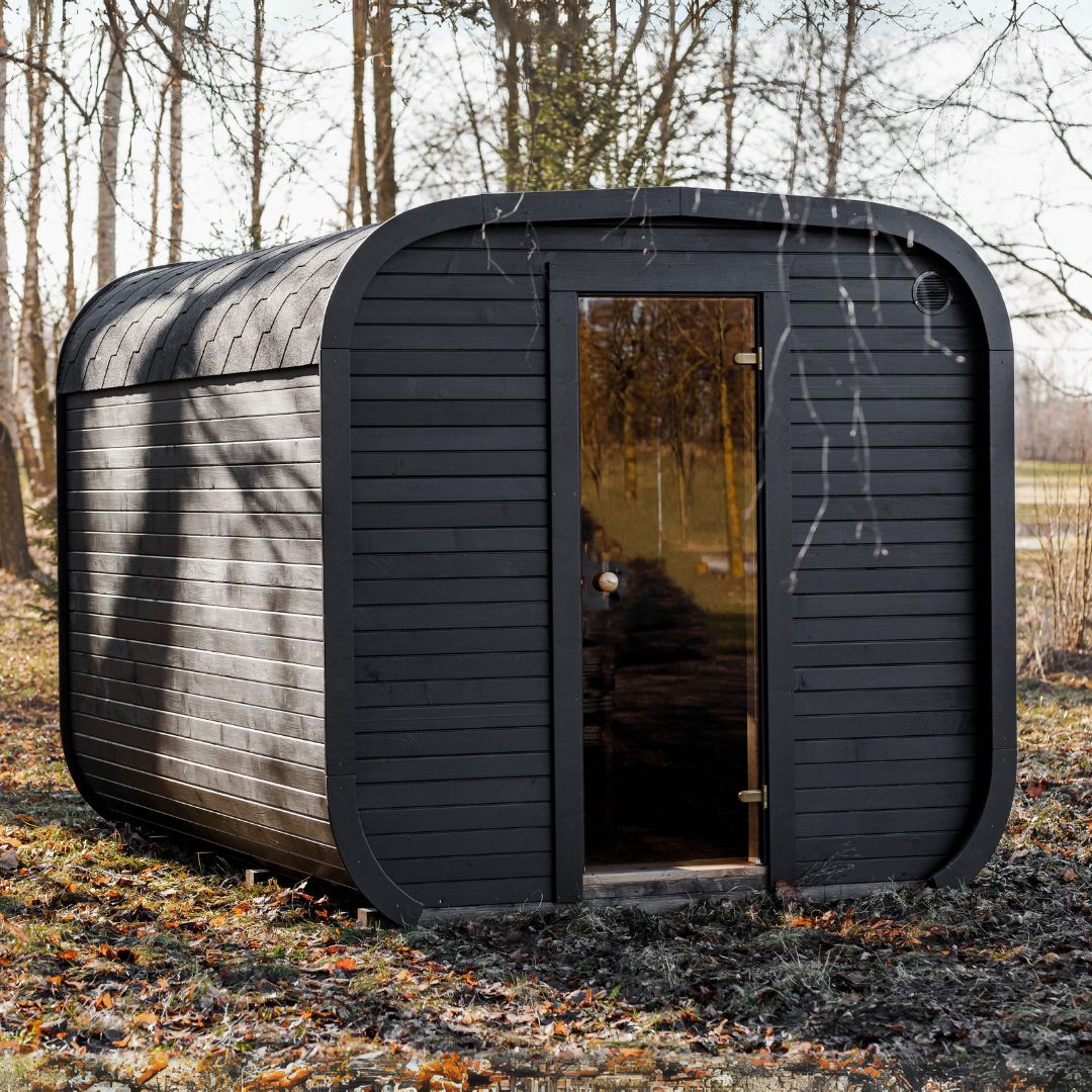 Komplett ausgestattete Premium-CUBE-Gartensauna 4 m mit Vorraum – aus Fichtenholz, mit Holzofen – sofort einsatzbereit