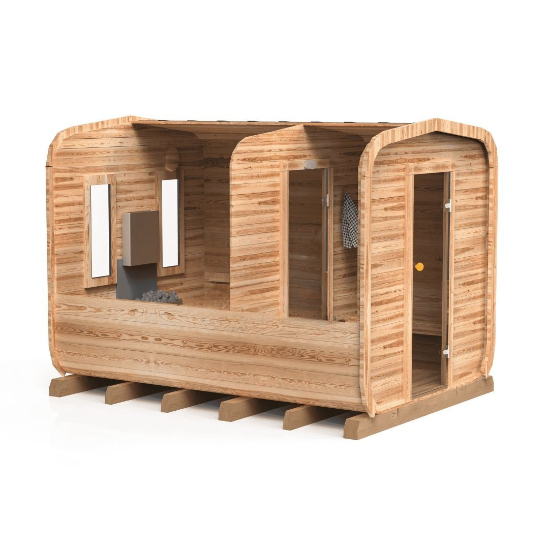 Komplett ausgestattete Premium-CUBE-Gartensauna 4m mit Vorraum – aus Fichtenholz, mit Holzofen – sofort einsatzbereit