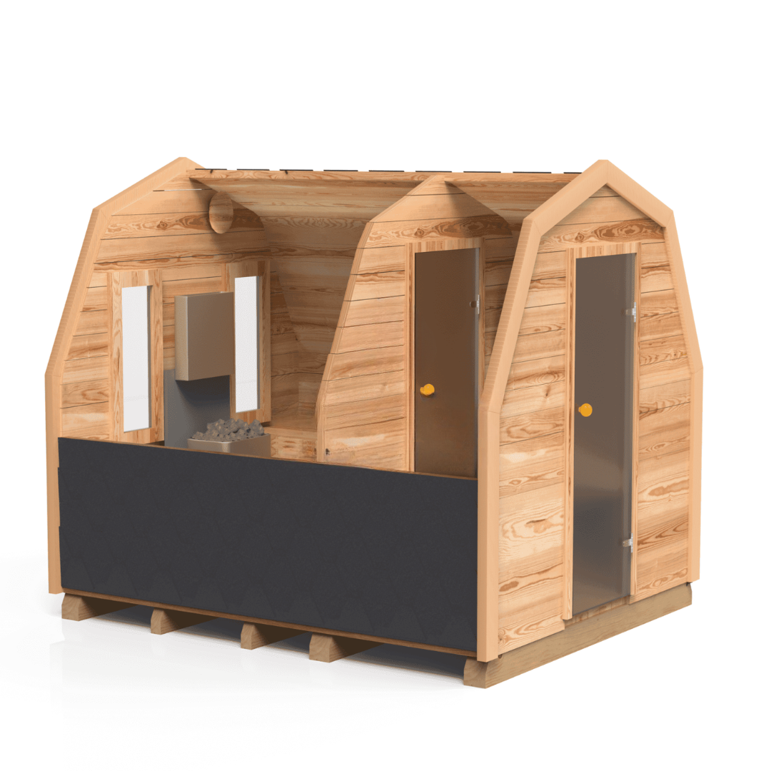 Komplett ausgestattete Premium-IGLU-Gartensauna 3,5 m mit Vorraum – aus Fichtenholz, mit Holzofen – sofort einsatzbereit