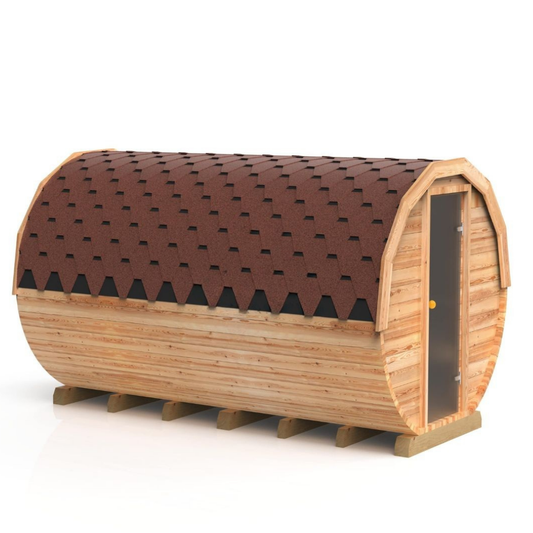 Komplett ausgestattete Premium-Gartensauna 4,5 m mit Vorraum – aus Fichtenholz, mit Holzofen – sofort einsatzbereit.