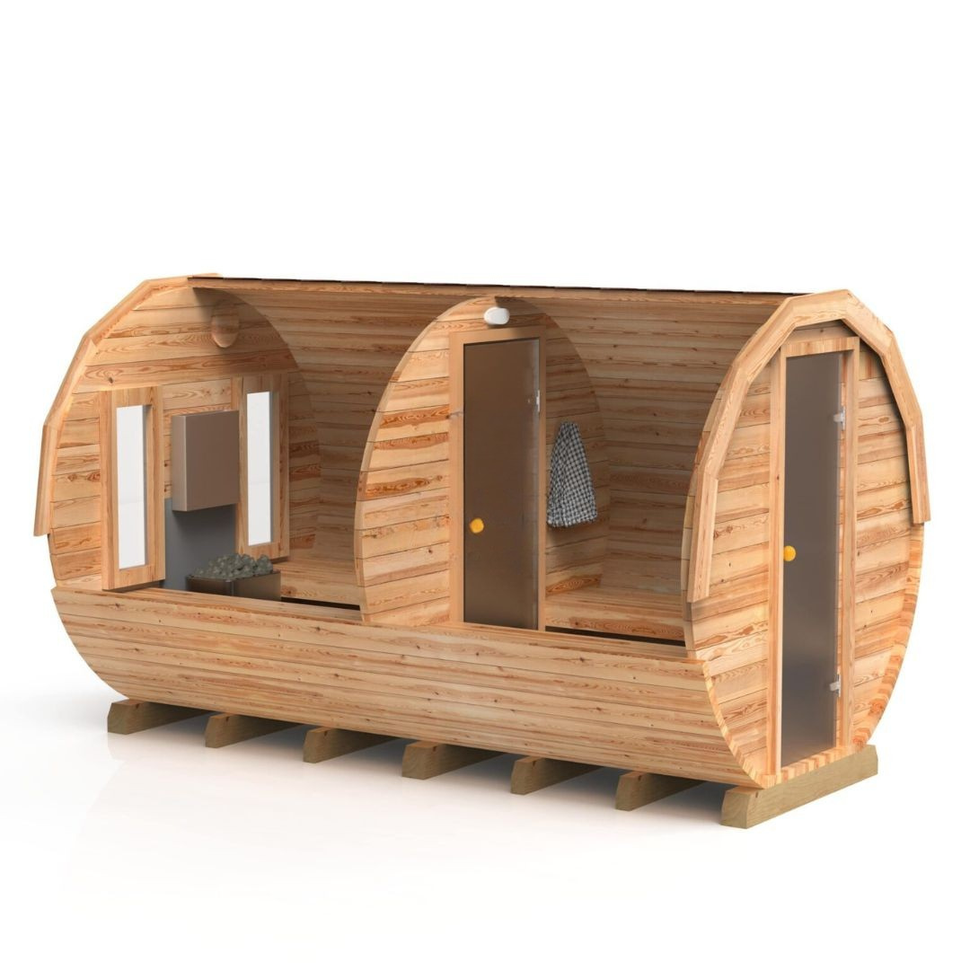 Komplett ausgestattete Premium-Gartensauna 3,5 m mit Vorraum – aus Fichtenholz, mit Holzofen – sofort einsatzbereit