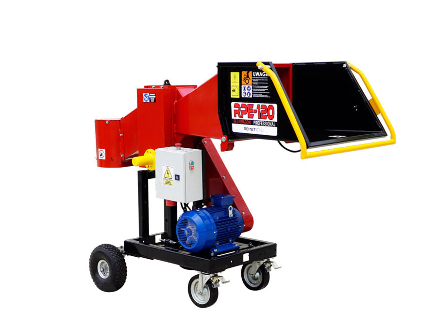 Häcksler REMET RPE-120 mit 11 kW Elektromotor, max. 100 mm Astdurchmesser, 6 oder 8 HARDOX 500 Messer, stabile geschweißte Konstruktion, Produktivität bis 10 m³/h, optional mit Förderband erhältlich.