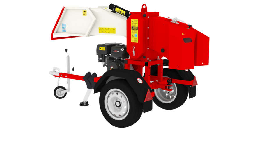 Häcksler AM-120BD PRO ARPAL mit 20 PS Benzinmotor, max. 120 mm Astdurchmesser, 6 Stahlmesser, Produktivität bis 6 m³/h, mit Sackhalterung für direkte Verpackung, mobile Plattform mit Luftreifen und Lenkrollen.