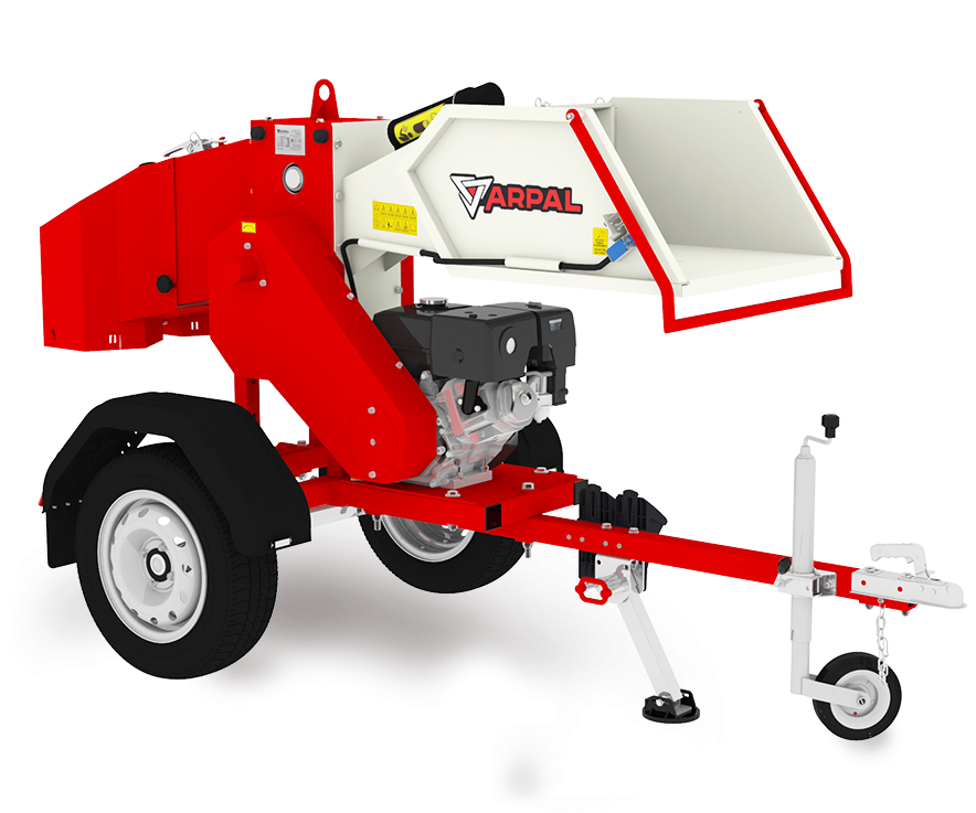 Häcksler AM-120BD PRO ARPAL mit 20 PS Benzinmotor, max. 120 mm Astdurchmesser, 6 Stahlmesser, Produktivität bis 6 m³/h, mit Sackhalterung für direkte Verpackung, mobile Plattform mit Luftreifen und Lenkrollen.