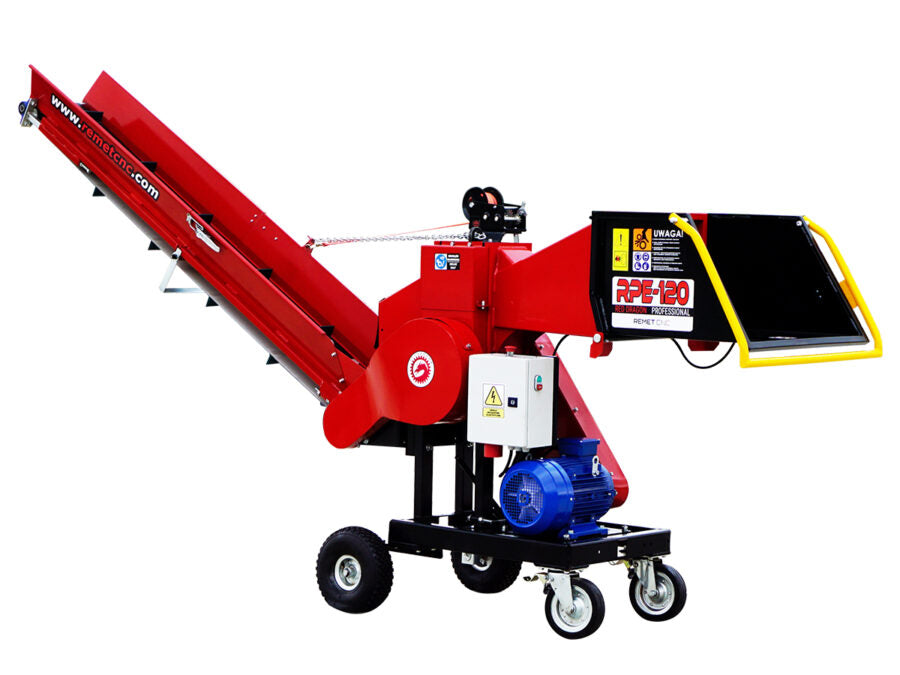 Häcksler REMET RPE-120 mit 11 kW Elektromotor, max. 100 mm Astdurchmesser, 6 oder 8 HARDOX 500 Messer, stabile geschweißte Konstruktion, Produktivität bis 10 m³/h, optional mit Förderband erhältlich.