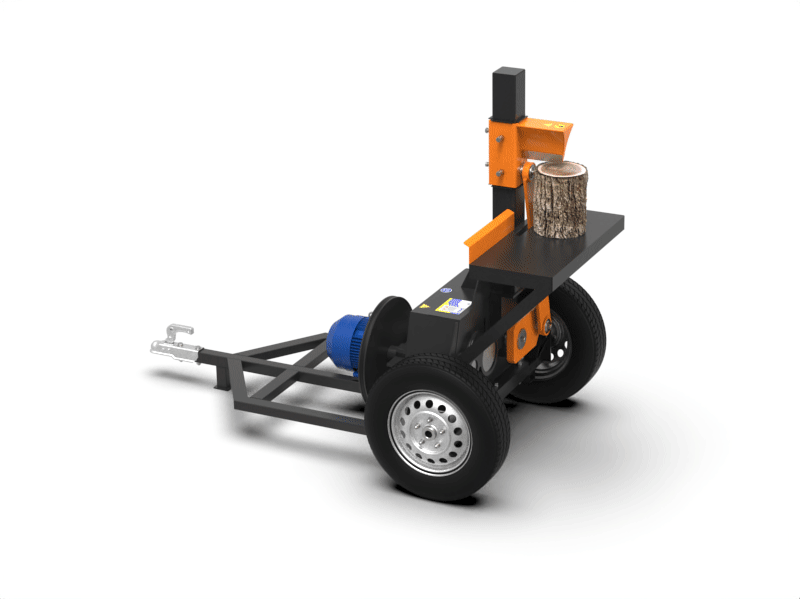Industrieller Holzspalter DRM-50 mit Elektromotor, inertialem Spaltmechanismus und Anhängevorrichtung. Effizient für industrielle Holzverarbeitung.