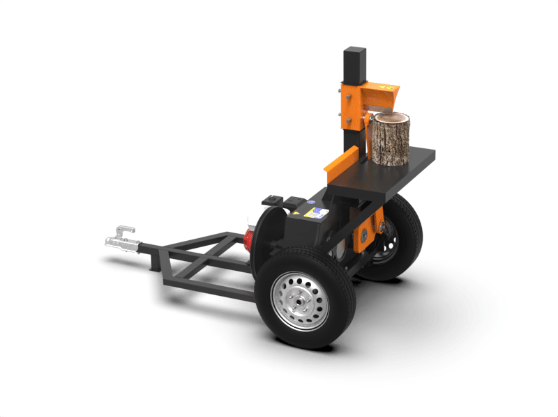 Industrieller Holzspalter DRM-50 mit 6,5 PS Benzinmotor, inertialem Spaltmechanismus und Anhängevorrichtung. Effizient für industrielle Holzverarbeitung.
