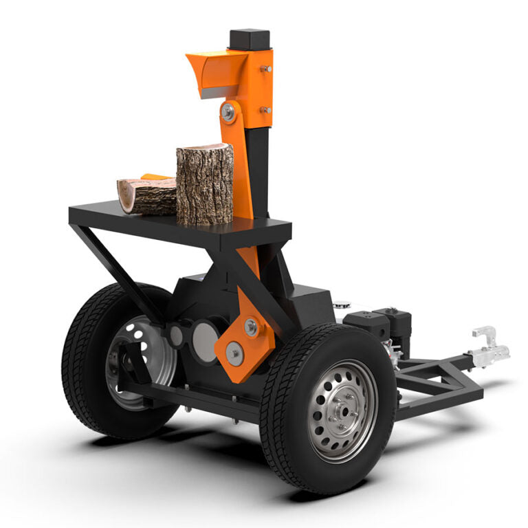 Industrieller Holzspalter DRM-50 mit 6,5 PS Benzinmotor, inertialem Spaltmechanismus und Anhängevorrichtung. Effizient für industrielle Holzverarbeitung.
