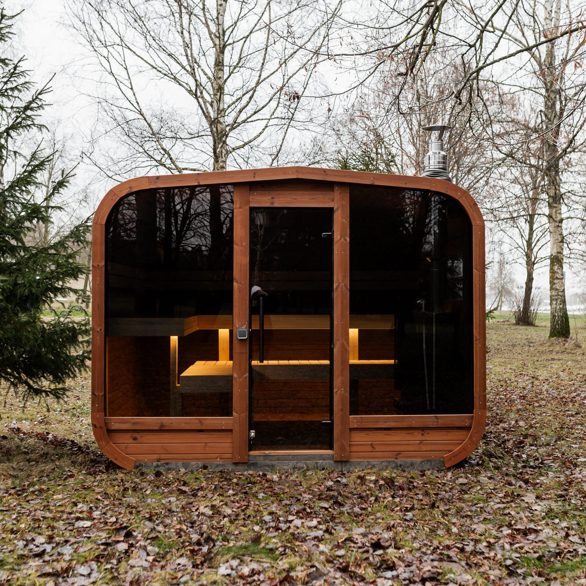 Komplett ausgestattete Panorama-LUX-MINI-Sauna 245×300 – aus Fichtenholz, mit Holzofen – sofort einsatzbereit