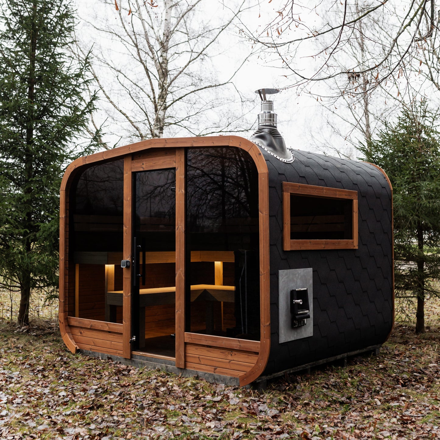 Komplett ausgestattete Panorama-LUX-MINI-Sauna 245×300 – aus Fichtenholz, mit Holzofen – sofort einsatzbereit