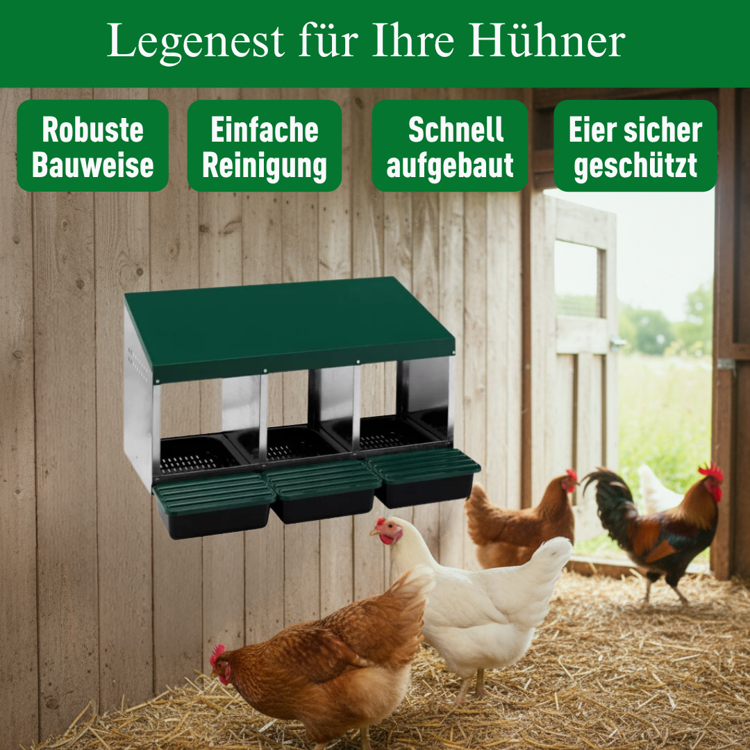 Langlebiges Legenest/Abrollnest MG-03 PROFI mit 3 Abteilen und Eierschublade. Ideal für Hausgeflügel. Hygienisch, langlebig und einfach zu montieren.