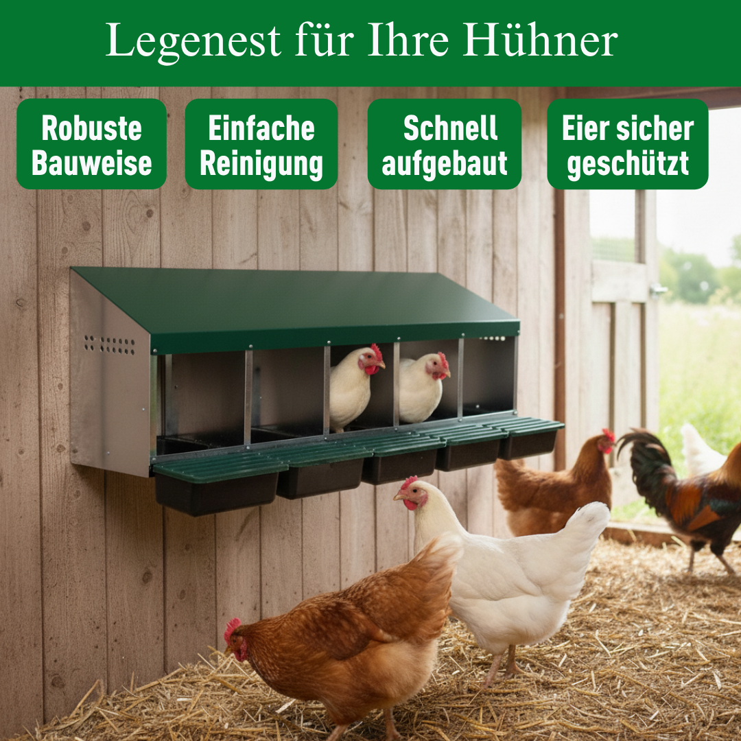 Robustes Legenest/Abrollnest MG-05 PROFI mit 5 Abteilen und Eierschublade. Hygienisch, leicht zu reinigen und ideal für Hühnerhalter.