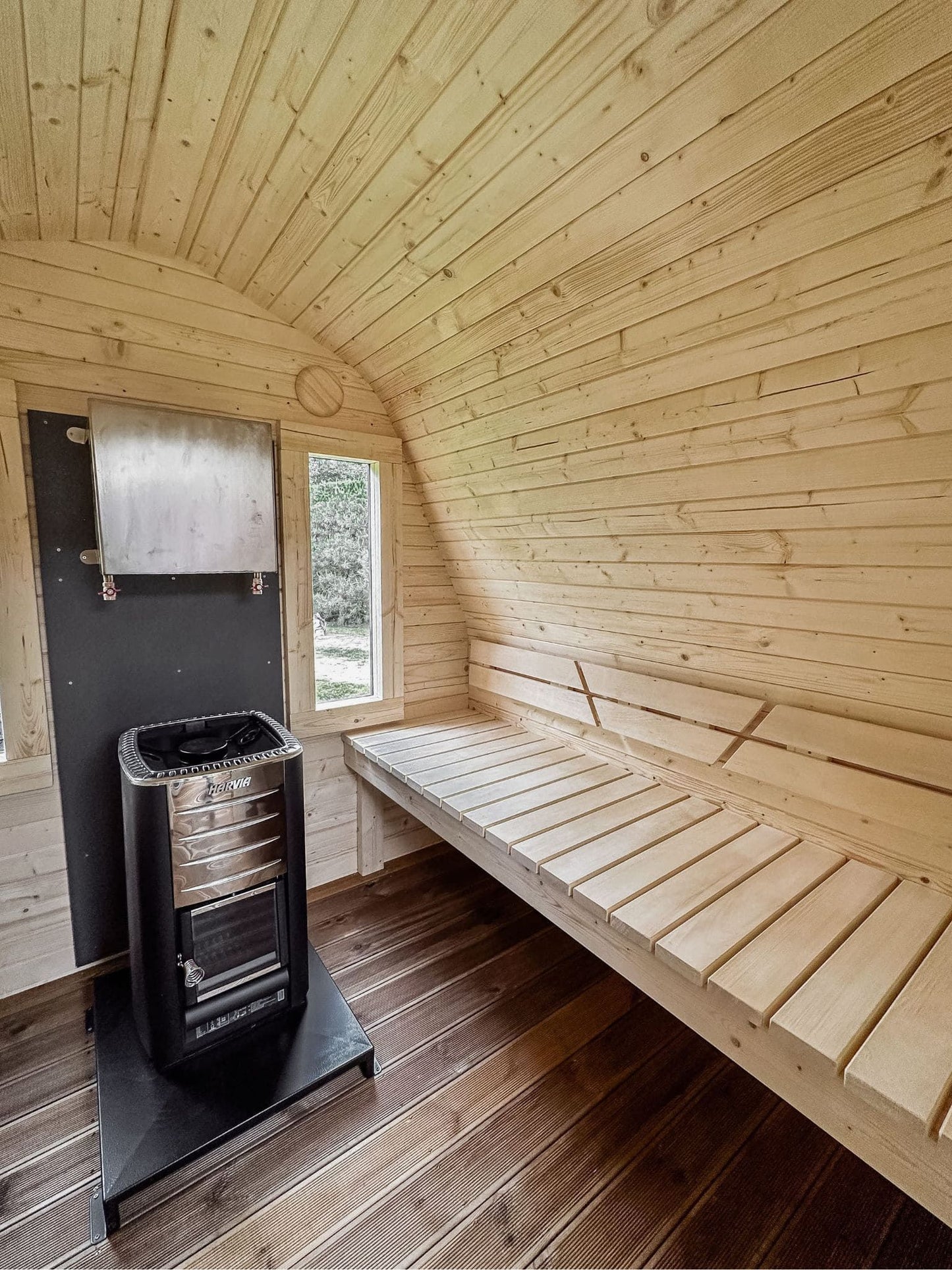 Komplett ausgestattete Premium-IGLU-Gartensauna 3,5 m mit Vorraum – aus Fichtenholz, mit Holzofen – sofort einsatzbereit