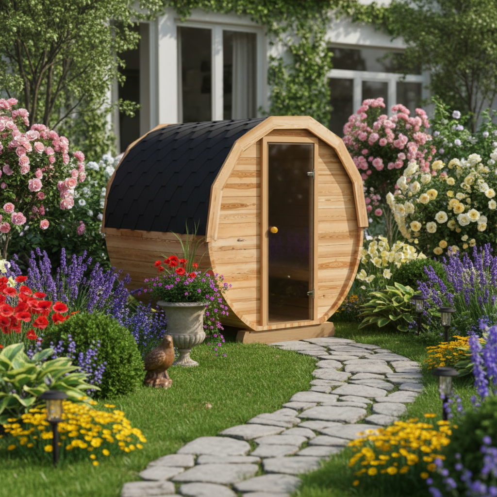 Runde Außensauna aus hochwertigem Fichten- oder Thermoholz, geeignet für 4–6 Personen. Mit Lindenholz-Bänken, Bitumenschindeln-Dach, Sicherheitsglas-Türen und Harvia-Beleuchtung.