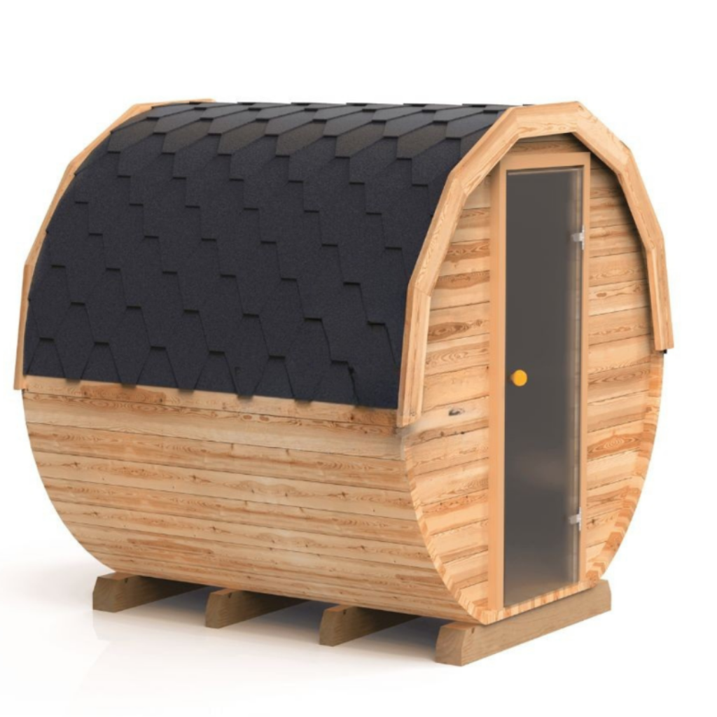 Runde Außensauna aus hochwertigem Fichten- oder Thermoholz, geeignet für 4–6 Personen. Mit Lindenholz-Bänken, Bitumenschindeln-Dach, Sicherheitsglas-Türen und Harvia-Beleuchtung.